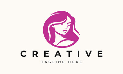 Illustration of women's hairstyle icon, logo with women's face. Vector beauty concept.