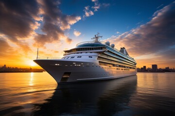 Fototapeta na wymiar Luxury Cruise Ship Sailing To Port On Sunset, Generative AI