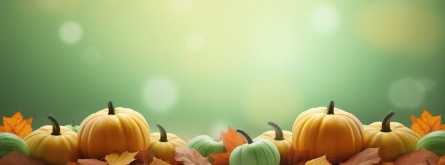 pumpkins and autumn leaves on a green background