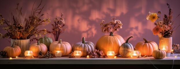 pumpkins with flowers and burning candles
