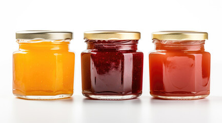 Fototapeta na wymiar Jars with jam and honey on a white background