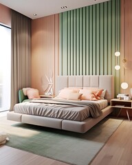 Lavish and sophisticated bedroom with LED lighting accents with hardwood floors and pink walls
