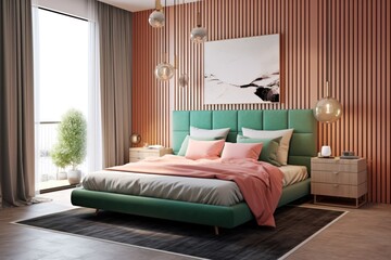 Lavish and sophisticated bedroom with LED lighting accents with hardwood floors and pink walls