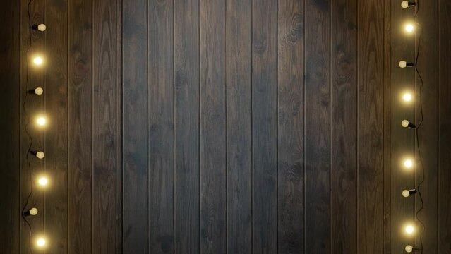 Lights flashing and camera zooming in on wooden background, free space for your task or message.