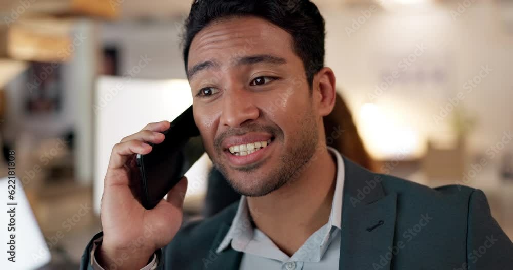 Poster man, office and phone call for negotiation of deal or sales in coworking space at consulting agency.