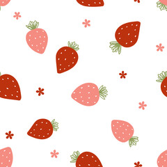 Seamless pattern of strawberry with green leaves and cute flower on white background vector illustration. Cute fruit print.