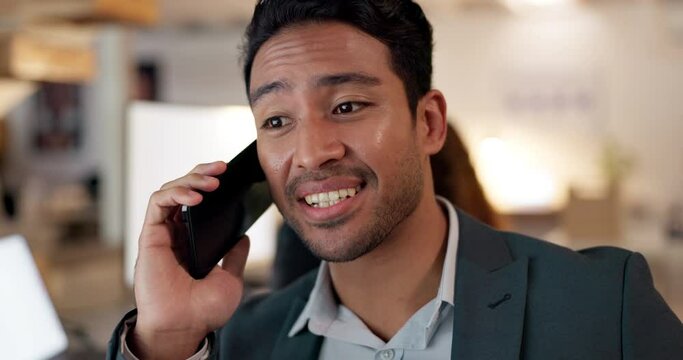 Man, office and phone call for negotiation of deal or sales in coworking space at consulting agency. Communication, networking and consultant talking on cellphone, business conversation in workplace.