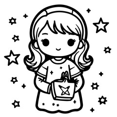 Gilr And Boy, friend, girl with amimal, outline vector illustration