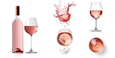 Set of rose pink wine with bottle, glass side view and top view, splashes and drops  isolated on white background