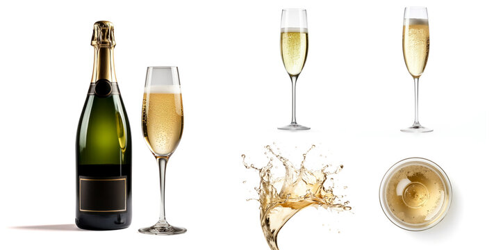 Set of prosecco champagne with bottle, glass side view and top view, splashes and drops  isolated on white background