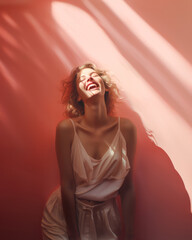 Vertical close up of a joyful young woman on pink color laughing. Generative AI.