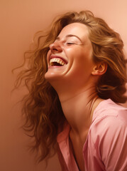 Naklejka premium Vertical close up of a joyful young woman on pink color laughing. Generative AI.