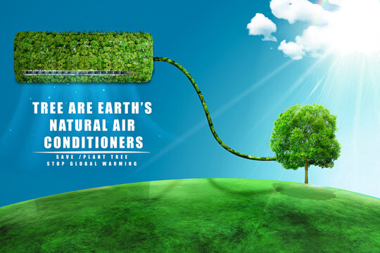 World Environment day concept ,green air condition  cover by grass. Earth day 3d concept background. Ecology concept. Green world with a tree background photo grassy landscape with ac 