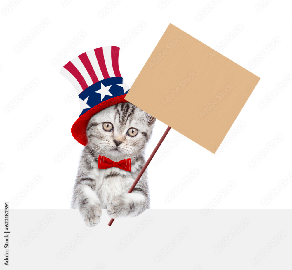 Poster cute kitten wearing like uncle sam looks above empty white banner and shows empty placard. isolated 