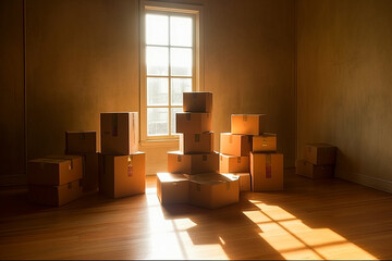 Soothing array of stacked moving boxes in empty space bathed in gentle morning light, creating a haven of serenity through play of light and shadow. Generative AI