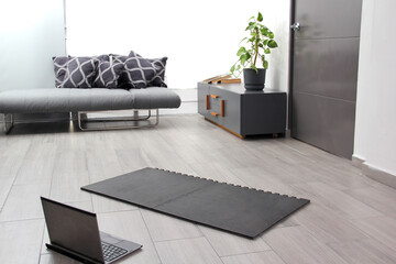 Home room with gray sofa, bright window, potted plant to be used for exercising with a mat and laptop for streaming © Arlette