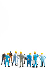 Miniature people , Worker team standing on white background and copy space for your text , Labour day concept