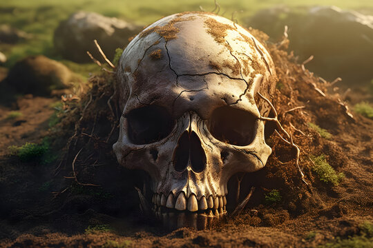 Skull of human was buried in soil . Created by generative AI .