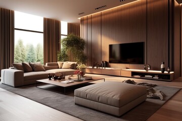 Sleek Living Room Sanctuary with Designer Furniture, High Ceilings, and Elegant Decorative Accents.. - 622184705