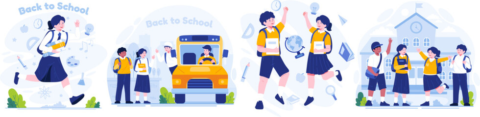 Illustration Set of Back to School. Cute School Boy and School Girl. Students are happy to go Back to School. Flat-style vector illustration