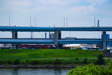 Fototapeta premium A traffic jam at the downtown street and highway telephoto shot