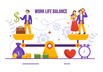 Work Life Balance Vector Illustration of Person Balancing with Job and Family or Leisure Activities in Multitasking Flat Cartoon Hand Drawn Templates