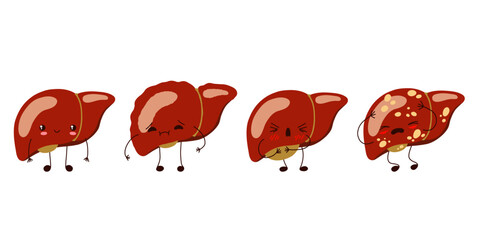 Liver characters. Healthy happy and sad sick liver characters. Liver damage disease. Cute kawaii liver characters. Stock vector illustration in flat cartoon style isolated on white background.