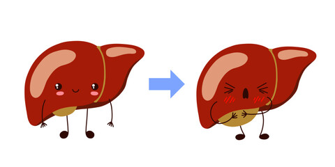 Healthy happy and sad sick liver characters. Liver damage disease. Cute kawaii liver characters. Stock vector illustration in flat cartoon style isolated on white background.
