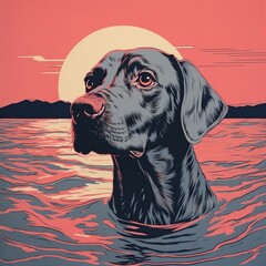 Dog in water risograph AI generated art
