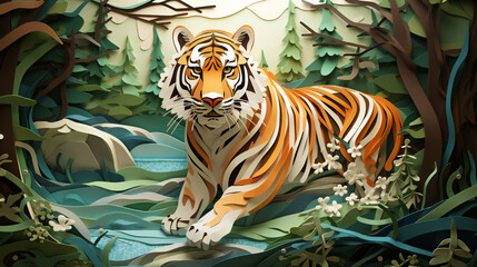 Fototapeta na wymiar Paper Quilling tiger in the jungle