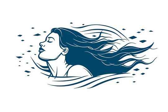Invigorating minimalist style logo of a woman swimming, using fluid lines to depict movement. Commemorates World Swimming Day on white background featuring a vibrant blue. Generative AI