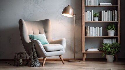 Cozy reading nook with a comfortable armchair, floor lamp, and bookshelves, generative ai
