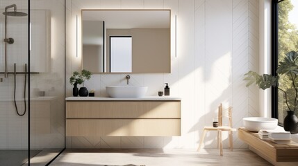 Fototapeta na wymiar Serene and minimalist bathroom with a walk-in shower, neutral tiles, and a wall-mounted vanity, generative ai