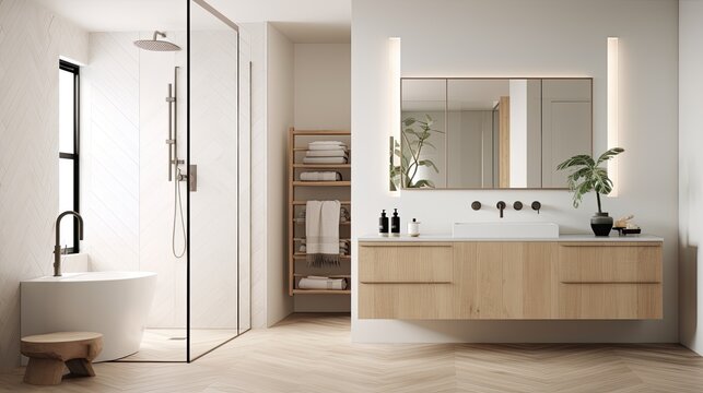 Serene and minimalist bathroom with a walk-in shower, neutral tiles, and a wall-mounted vanity, generative ai