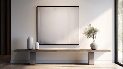 Minimalist home entrance with a sleek console table, statement artwork, and ambient lighting, generative ai