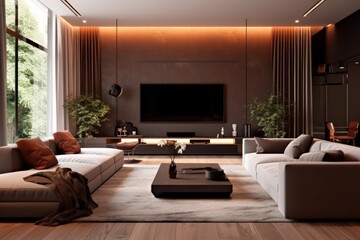 Luxury Living Room with Sophisticated Interior design. Details of sofa, textured walls and high end details