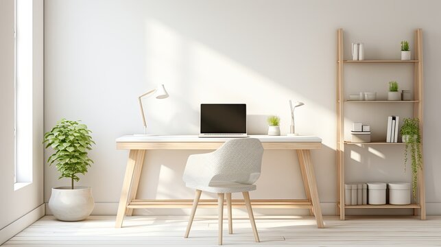 Minimalist home office with a clean white desk, ergonomic chair, and natural lighting, generative ai