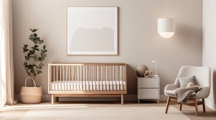 Minimalist nursery with a neutral color scheme, wooden crib, and soft lighting, generative ai