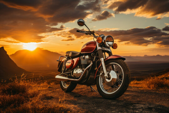 Retro Motorcycle And Beautiful Sunset, Generative AI