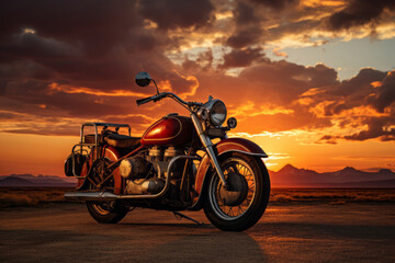 Obraz na płótnie Canvas Retro Motorcycle And Beautiful Sunset, Generative AI