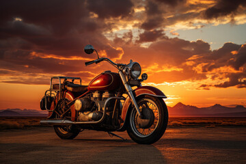 Fototapeta premium Retro Motorcycle And Beautiful Sunset, Generative AI
