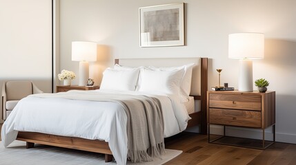 Simple and sophisticated guest bedroom with a comfortable bed, bedside tables, and soft lighting, generative ai