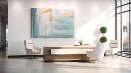 Sleek and modern reception area with minimalist seating, a statement reception desk, and artwork, generative ai