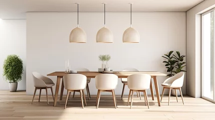 Foto op Plexiglas Simple and elegant dining room with a wooden table, modern chairs, and pendant lighting, generative ai © Creative Station