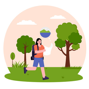 Tourist Looking At Map Travel Towards Island Illustration