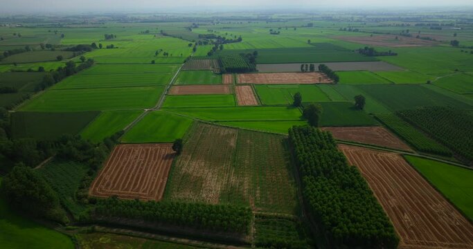 Ottobiano countryside and cultivated fields in Pavia province, Italy. Aerial drone view