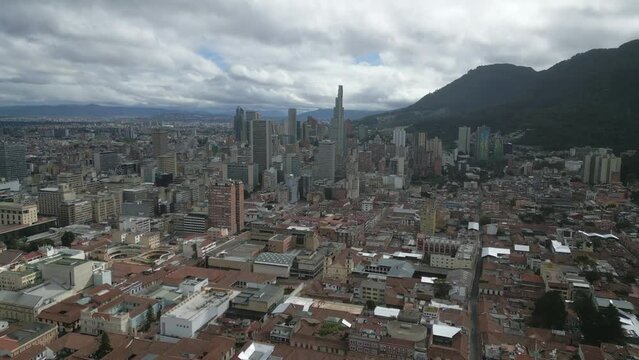 drone approach skyline modern building skyscraper in Bogota Colombia capital aerial view 