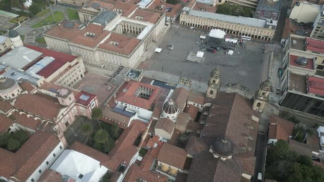 Bogota Colombia drone reveal huge metropolitan area and historical downtown main square aerial 