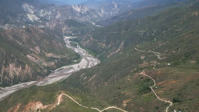 aerial view of chicamocha canyon in san Gil Colombia drone fly above river on andes mountains revealing scenic stunning landscape