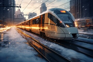 Fototapeta premium Train Ride At High Speed In Winter, Generative AI